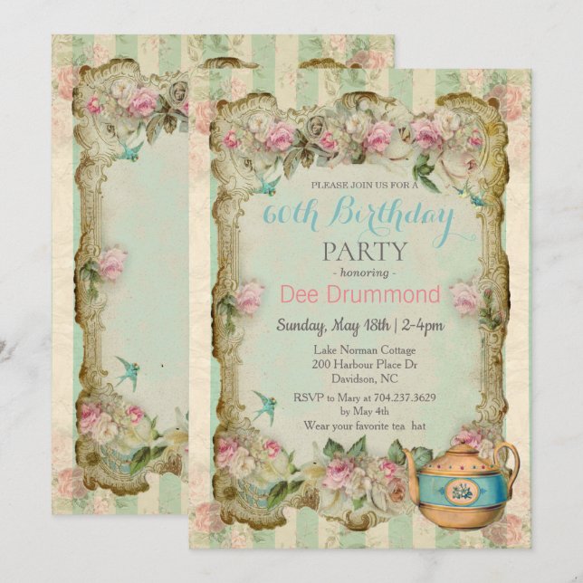 ANY AGE - Vintage Floral Tea Birthday Invitation (Front/Back)