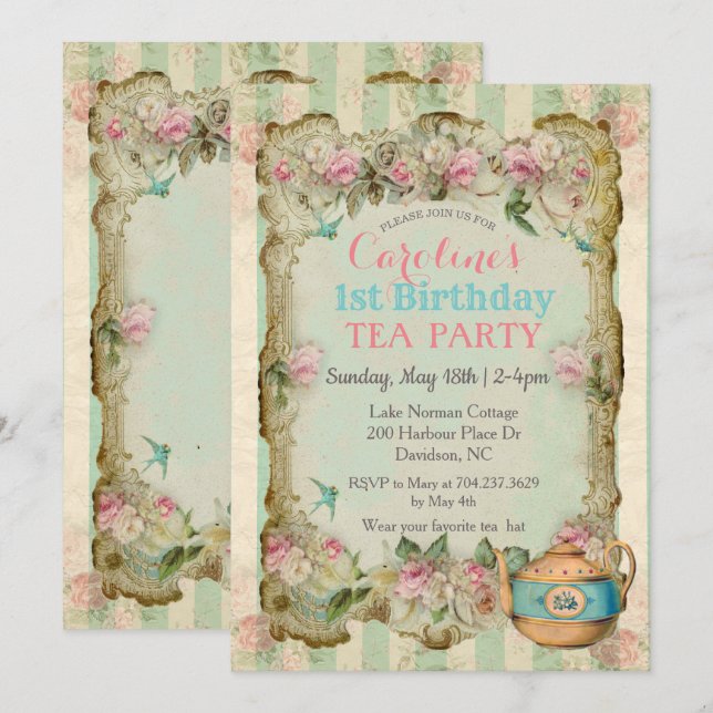 ANY AGE - Vintage Floral Tea Birthday Invitation (Front/Back)