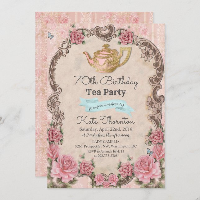 ANY AGE - Vintage Floral Tea Birthday Invitation (Front/Back)
