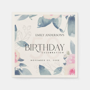 ANY AGE VINTAGE SOFT BLUSH BLUE FLORAL BIRTHDAY NAPKIN