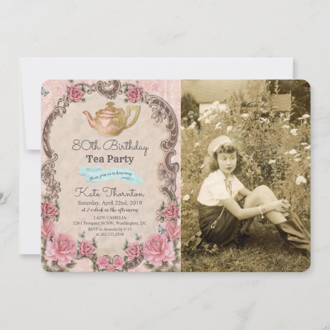 ANY AGE - Vintage Tea Photo Birthday Invitation (Front)