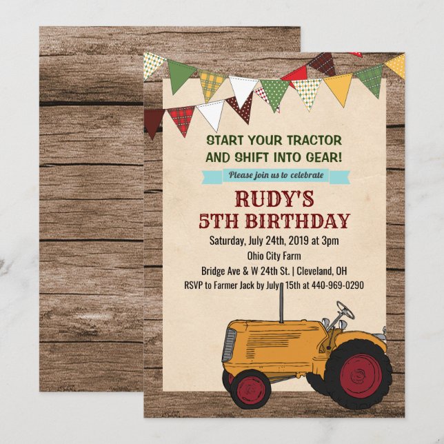 ANY AGE - Vintage Tractor Birthday Invitation (Front/Back)