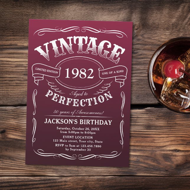 Any Age Vintage Whiskey Themed Birthday Invitation (Marsala Any Age Vintage Whiskey Themed Birthday Invitation)