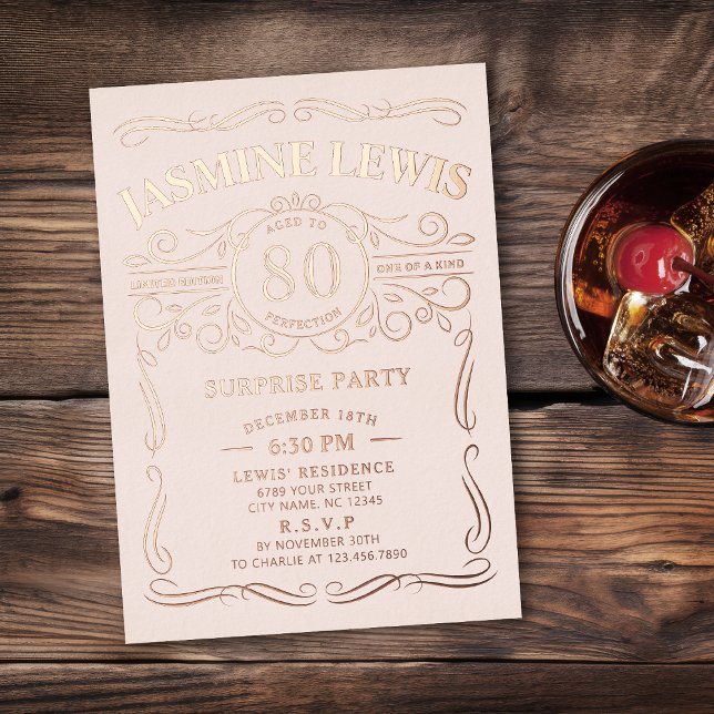 Any age vintage whiskey themed rose gold birthday (Any Age rose gold Vintage Whiskey Themed 80th Birthday Foil Invitation )