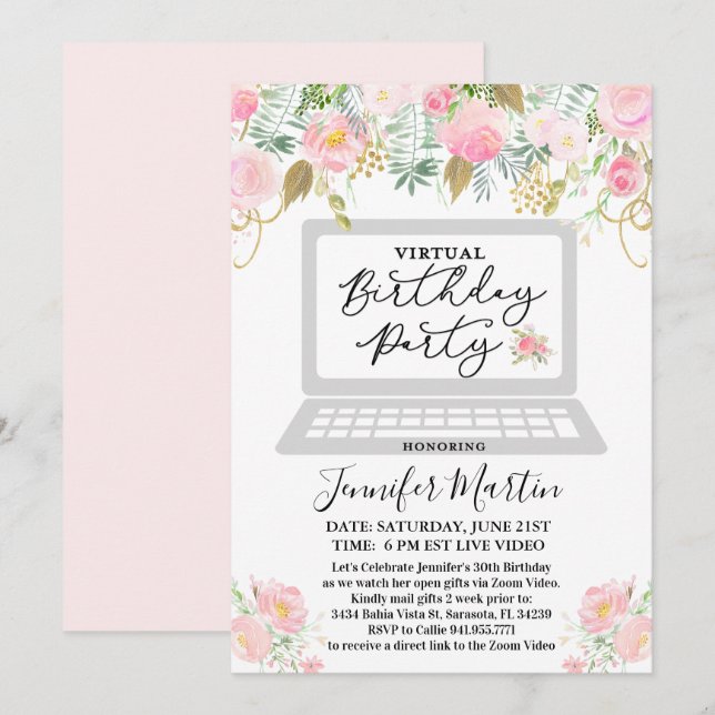 ANY AGE - Virtual Birthday Party Floral Invitation (Front/Back)