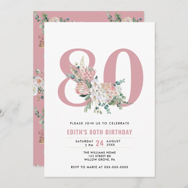 Any Age Watercolor Floral Pink 80th Birthday  Invitation (Front/Back)