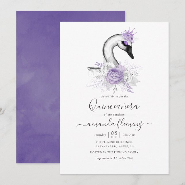 Any Age Watercolor Swan Floral Birthday Party Invitation (Front/Back)