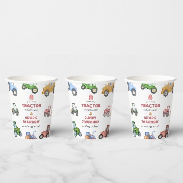 Any age Watercolor tractor birthday Paper Cups (Multi)