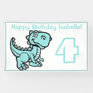 Any Age White and Teal T Rex Dinosaur Birthday Banner