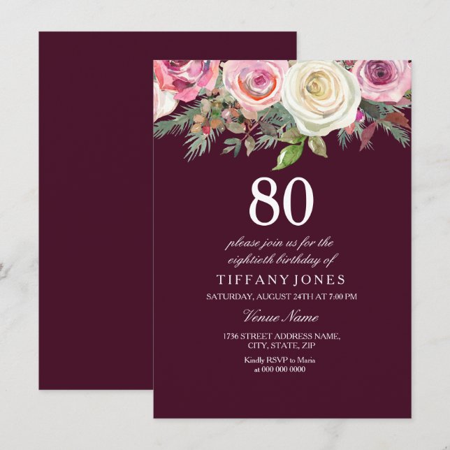 Any Age White Pink Rose Burgundy Birthday Invite (Front/Back)