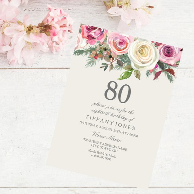 Any Age White Rose Floral 80th Birthday Invite (Creator Uploaded)