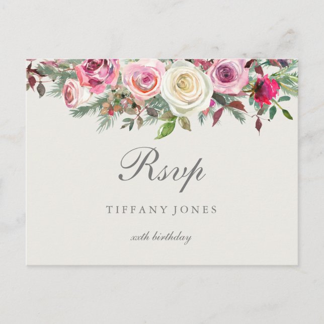 Any Age White Rose Floral Birthday Party RSVP Invitation Postcard (Front)