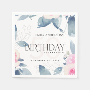 ANY AGE WHITE SOFT BLUSH BLUE FLORAL 5OTH BIRTHDAY NAPKIN