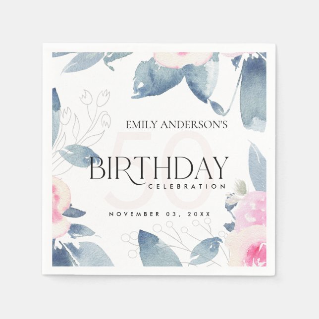 ANY AGE WHITE SOFT BLUSH BLUE FLORAL 5OTH BIRTHDAY NAPKIN (Front)