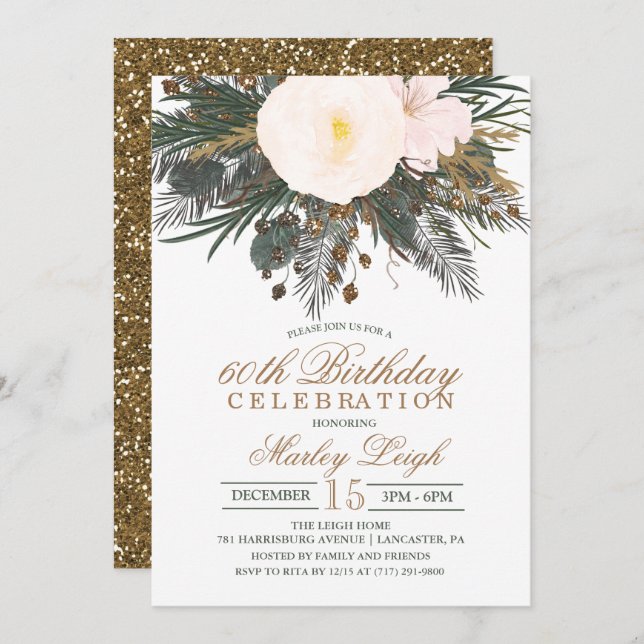 ANY AGE Winter Floral Glitter Birthday Invitation (Front/Back)