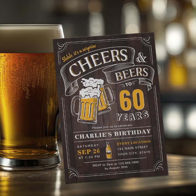 Any Age Wood Cheers And Beers Surprise Birthday Invitation (Any Age Wood Cheers And Beers Surprise Birthday Invitation)