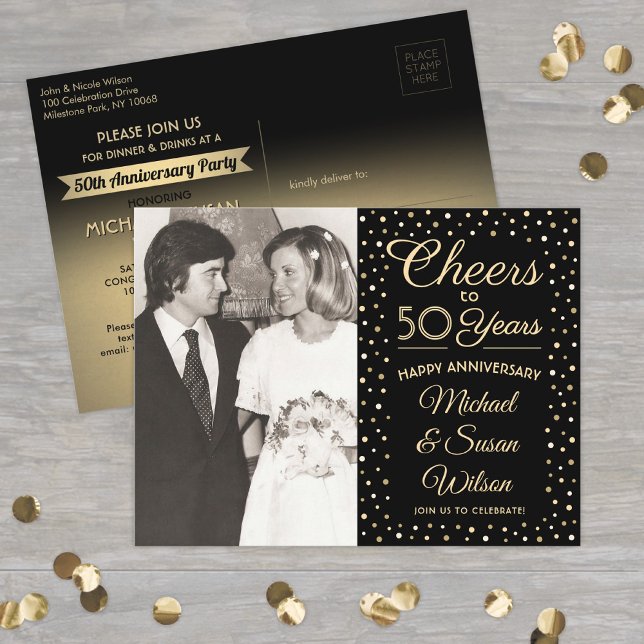 ANY Anniversary 1 Photo Cheers Black & Gold Party Invitation Postcard (Creator Uploaded)
