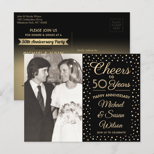 ANY Anniversary 1 Photo Cheers Black & Gold Party Invitation Postcard (Front/Back)