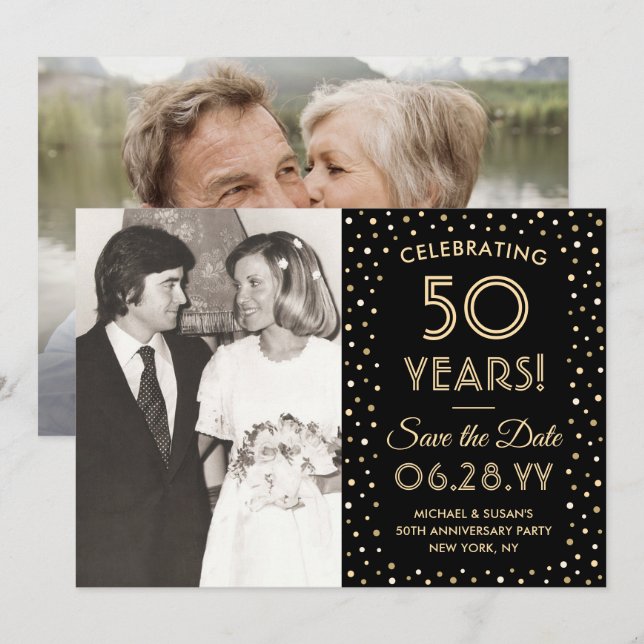 ANY Anniversary 2 Photo Black & Gold Confetti Save The Date (Front/Back)