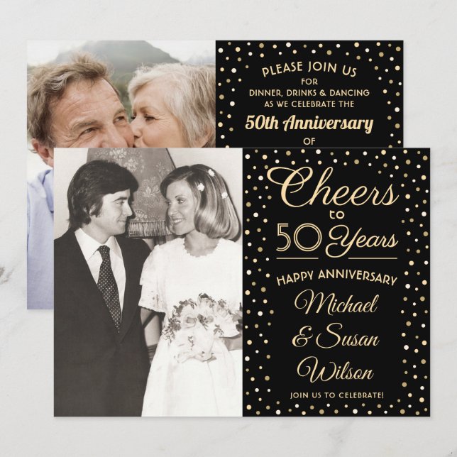 ANY Anniversary 2 Photo Cheers Black & Gold Party Invitation (Front/Back)