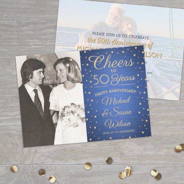 ANY Anniversary 2 Photo Cheers Blue and Gold Party Invitation (Creator Uploaded)