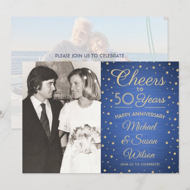 ANY Anniversary 2 Photo Cheers Blue and Gold Party Invitation (Front/Back)