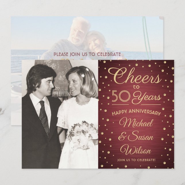 ANY Anniversary 2 Photo Cheers Burgundy Gold Party Invitation (Front/Back)