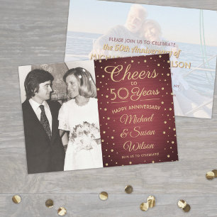 ANY Anniversary 2 Photo Cheers Burgundy Gold Party Invitation