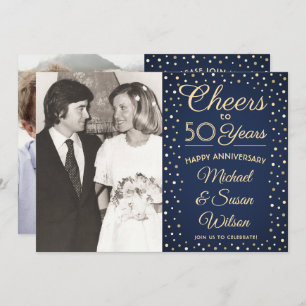 ANY Anniversary 2 Photo Cheers Navy and Gold Party Invitation