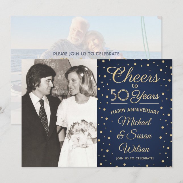 ANY Anniversary 2 Photo Cheers Navy and Gold Party Invitation (Front/Back)