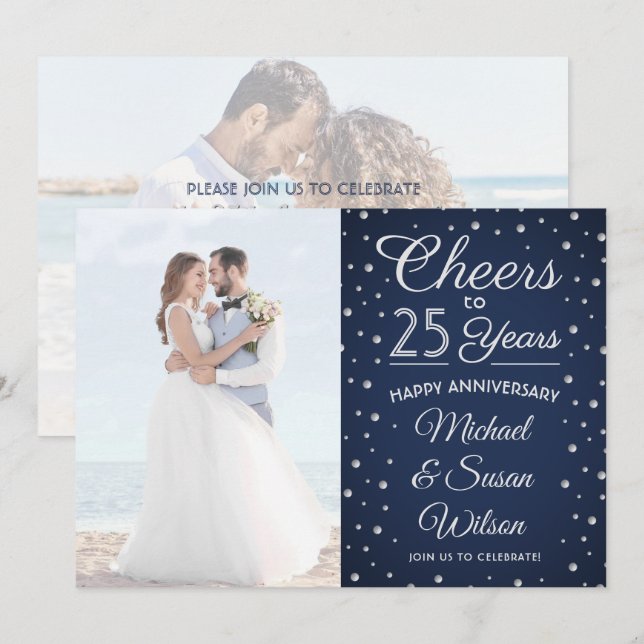 ANY Anniversary 2 Photo Cheers Navy & White Party Invitation (Front/Back)