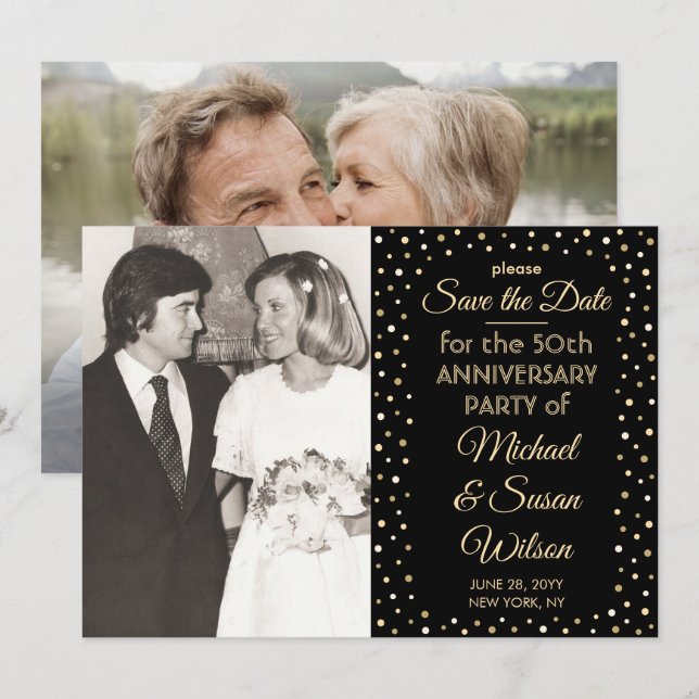 ANY Anniversary 2 Photo Elegant Black and Gold Save The Date (Front/Back)