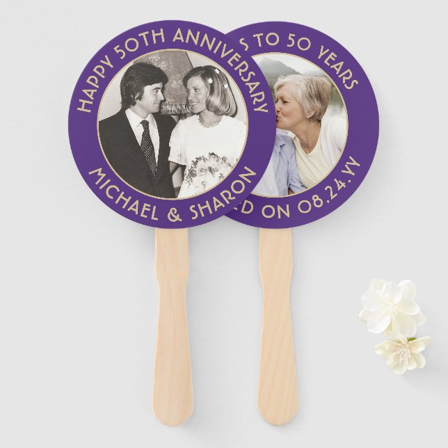 ANY Anniversary 2 Photo Elegant Purple and Gold Hand Fan (Front and Back)