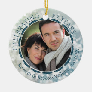Any Anniversary, 2-Sided 2-Photo Teal/Blue/White Ceramic Tree Decoration