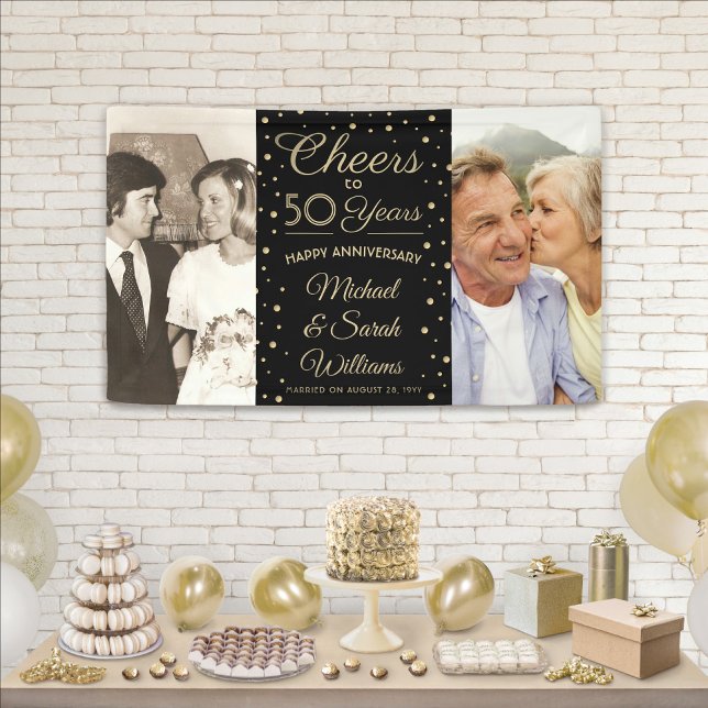ANY Anniversary Cheers 2 Photo Black and Gold Banner (Creator Uploaded)