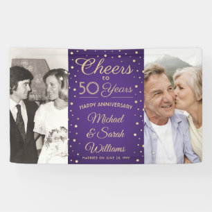 ANY Anniversary Cheers 2 Photo Purple & Gold Party Banner