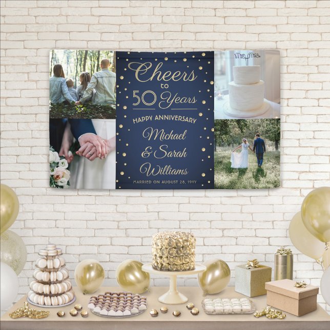 ANY Anniversary Cheers 4 Photo Navy Blue and Gold Banner (Creator Uploaded)