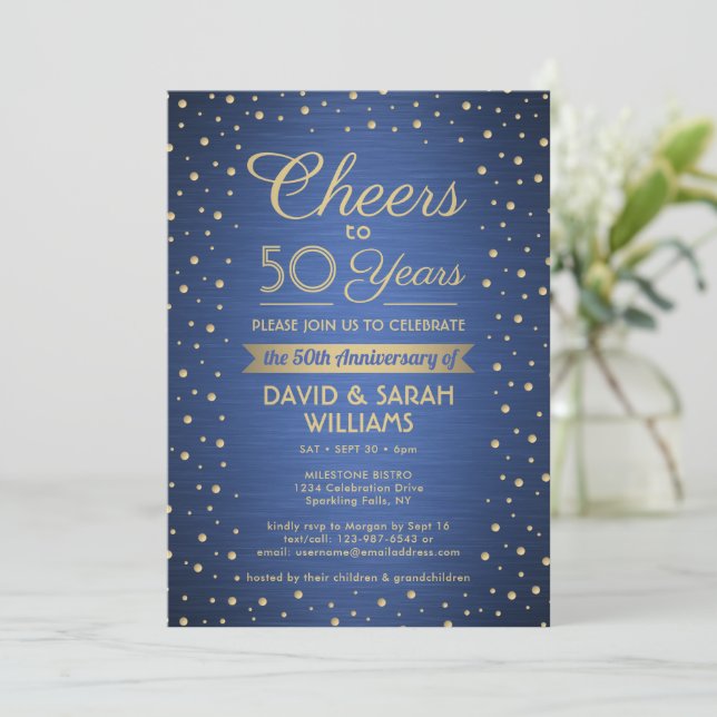 ANY Anniversary Cheers Brushed Blue & Gold Party Invitation (Standing Front)
