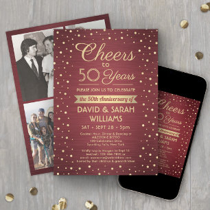 ANY Anniversary Cheers Brushed Burgundy Gold Party Invitation