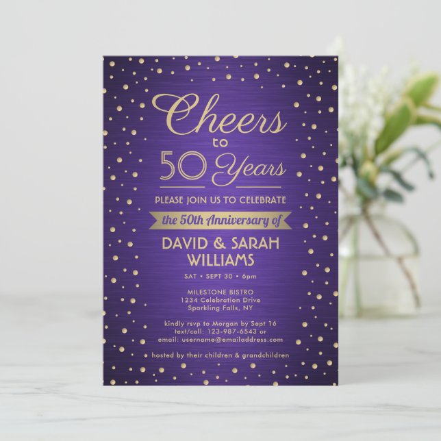 ANY Anniversary Cheers Brushed Purple and Gold Invitation (Standing Front)