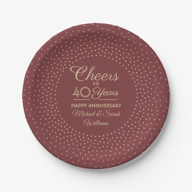 ANY Anniversary Cheers Burgundy and Gold Confetti Paper Plate (Front)