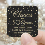 ANY Anniversary Cheers Elegant Black and Gold Square Sticker<br><div class="desc">Add a personalised finishing touch to wedding anniversary thank you notes or party favours with these black and gold square stickers / envelope seals. All text is simple to customise or delete. This template is set up for a 50th anniversary, but can easily be changed to another year or event,...</div>