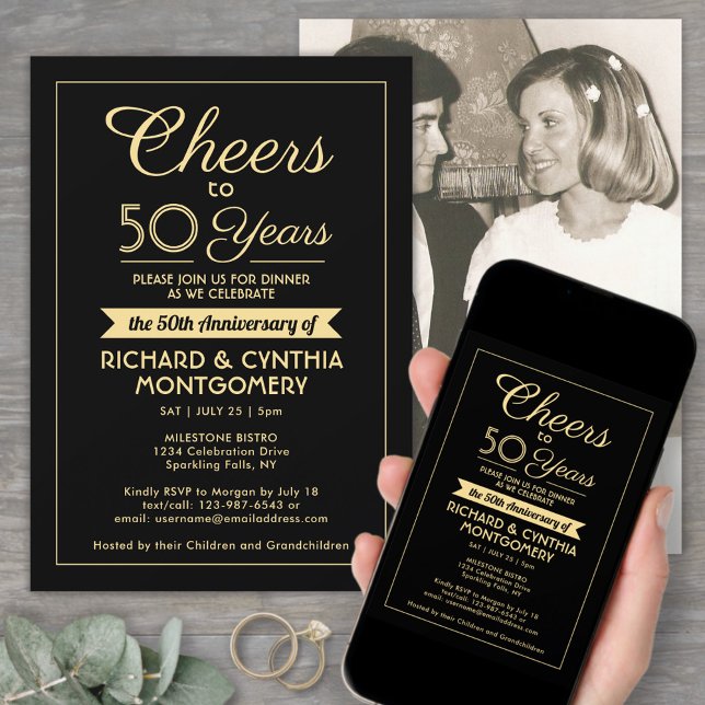 ANY Anniversary Cheers Elegant Black & Gold Photo Invitation (Creator Uploaded)