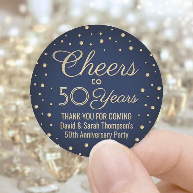 ANY Anniversary Cheers Elegant Navy Blue and Gold Classic Round Sticker (Creator Uploaded)