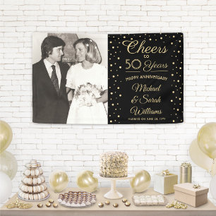 ANY Anniversary Cheers Elegant Photo Black & Gold Banner