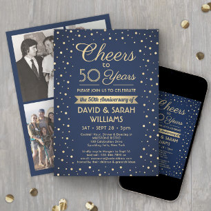 ANY Anniversary Cheers Navy Blue and Gold Confetti Invitation