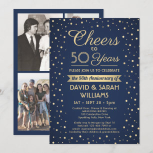 ANY Anniversary Cheers Navy Blue and Gold Confetti Invitation