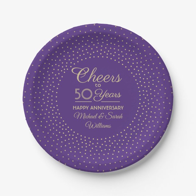 ANY Anniversary Cheers Purple and Gold Confetti Paper Plate (Front)