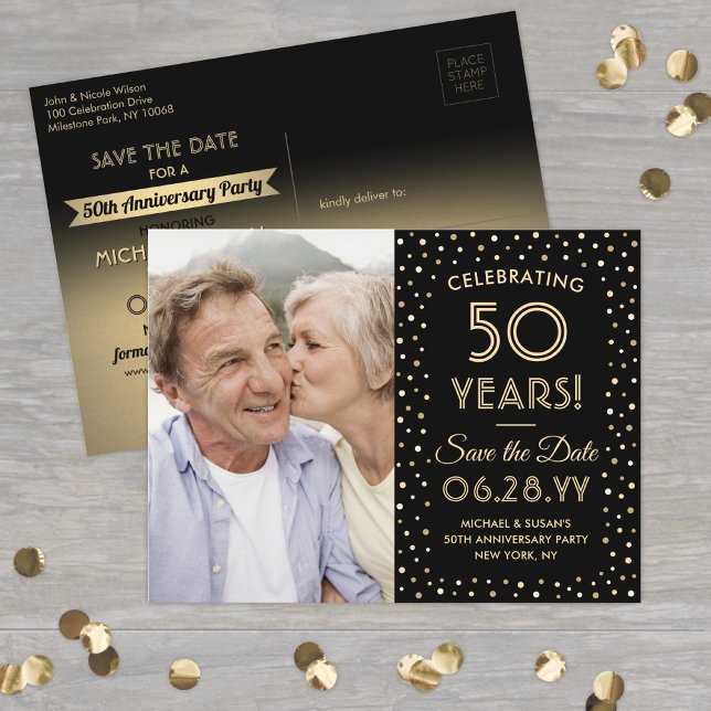ANY Anniversary Save the Date 1 Photo Black & Gold Invitation Postcard (Creator Uploaded)