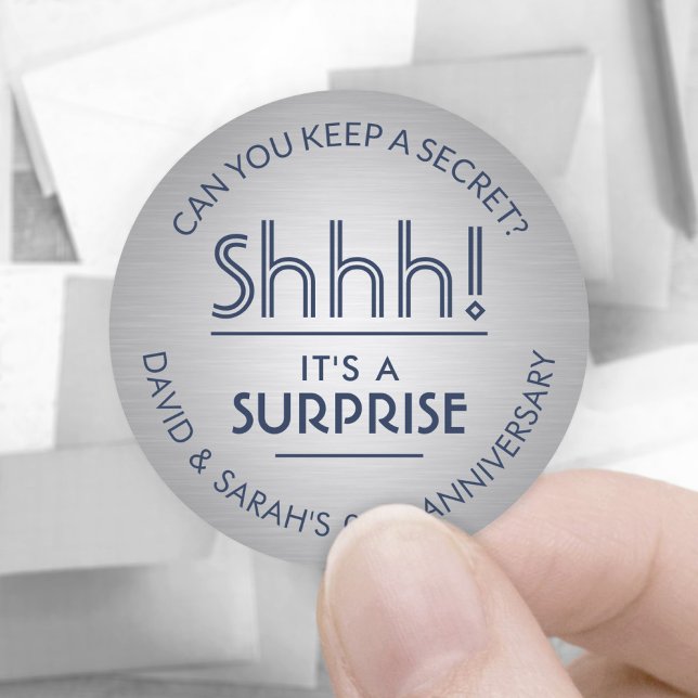 ANY Anniversary Surprise Navy Blue Brushed Silver Classic Round Sticker (Creator Uploaded)
